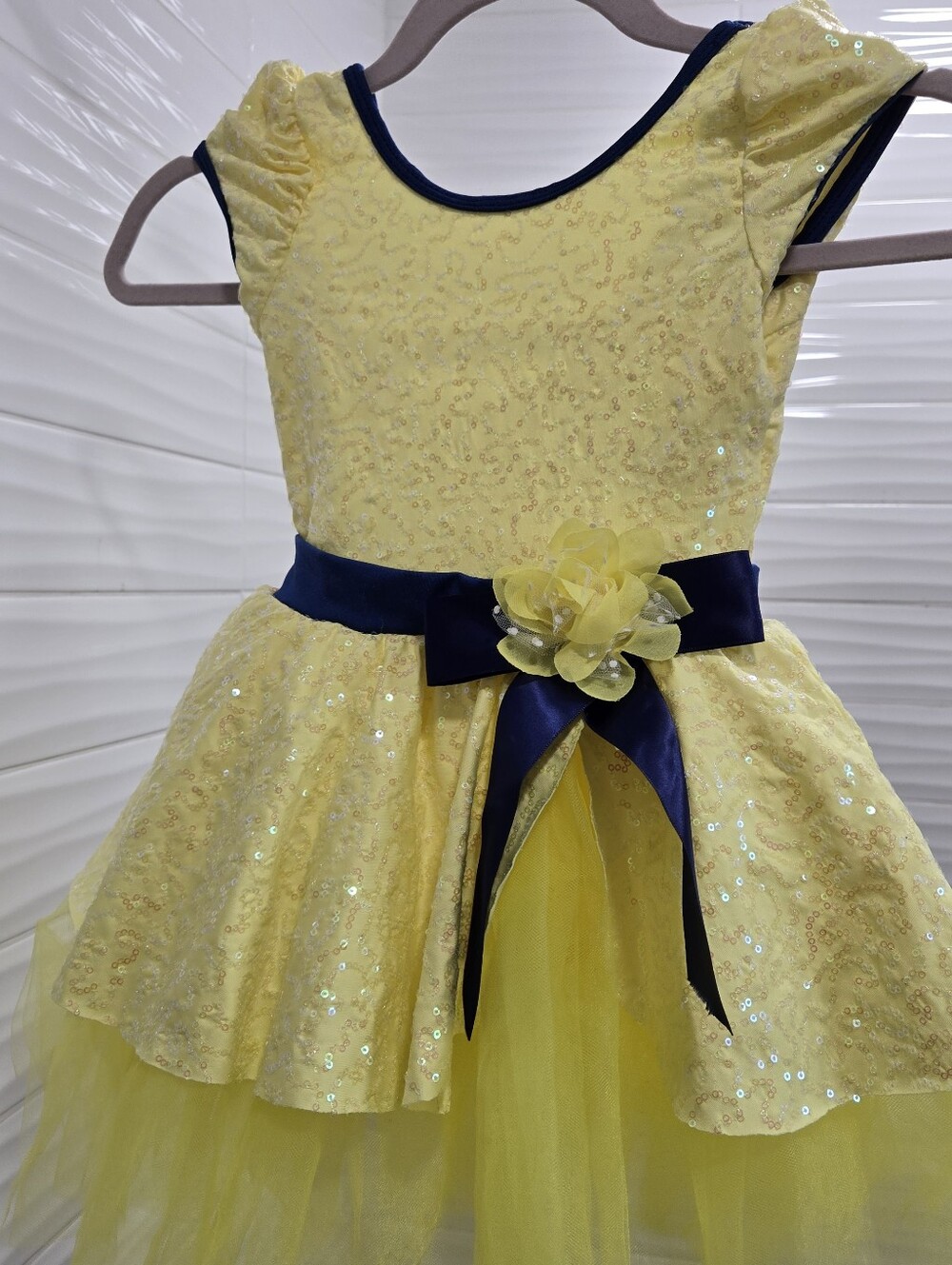 Revolution Yellow Sequin Dress with Navy Ribbon Accent